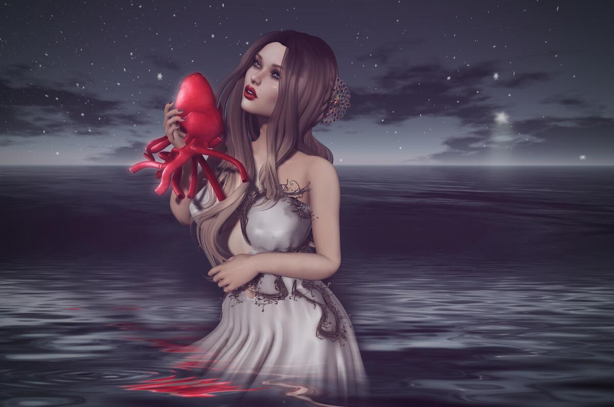 Рисунок девушки с сердцем в воде