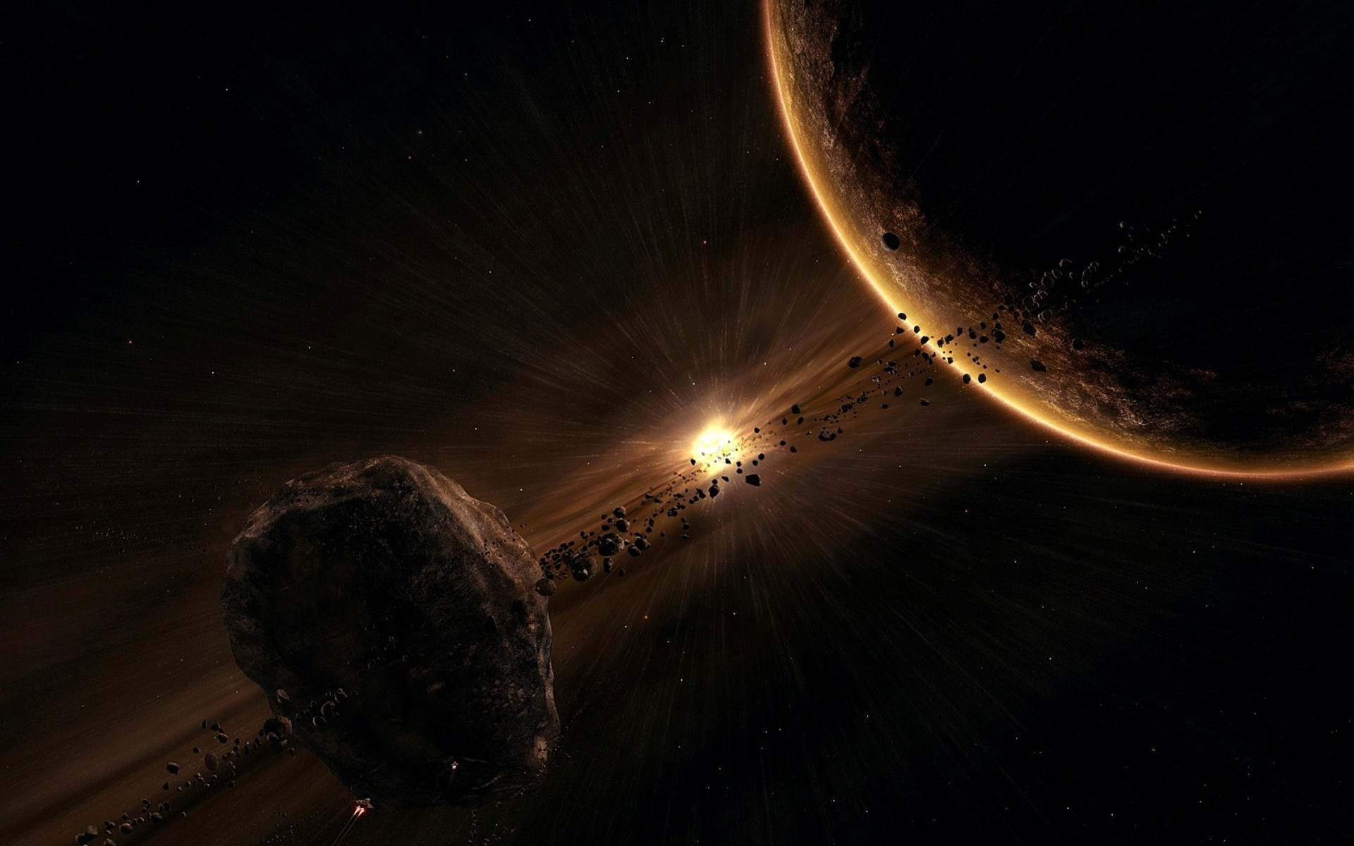 Фото бесплатно Планета и астероидный спутник, планета, взрыв звезды