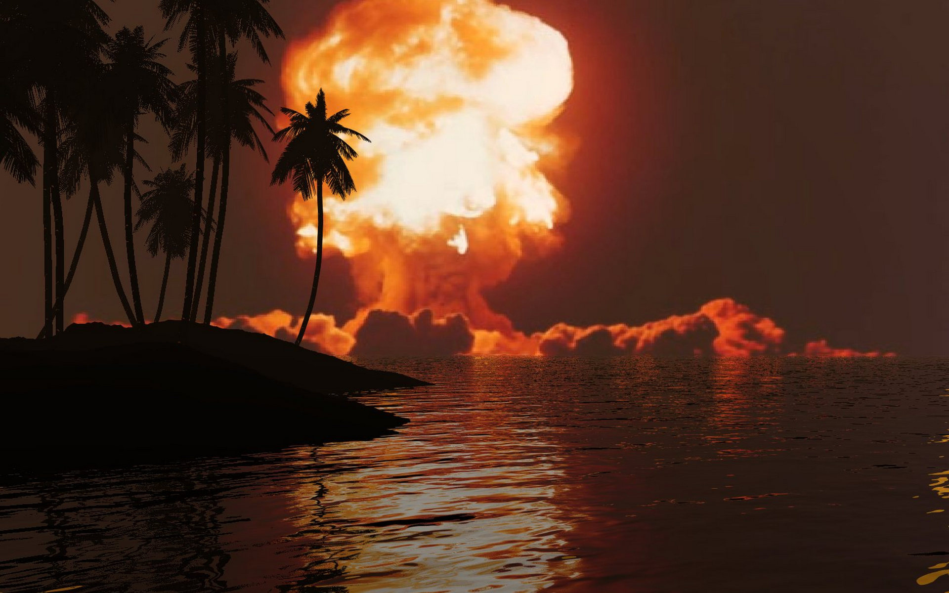Обои остров пальмы ядерный взрыв на рабочий стол