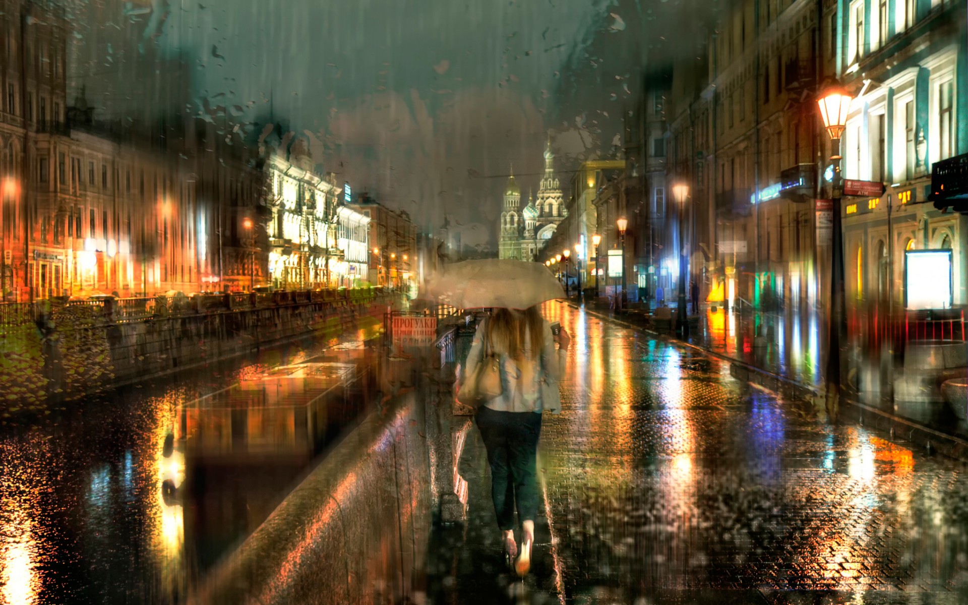 Wallpapers girl with umbrella street rain on the desktop