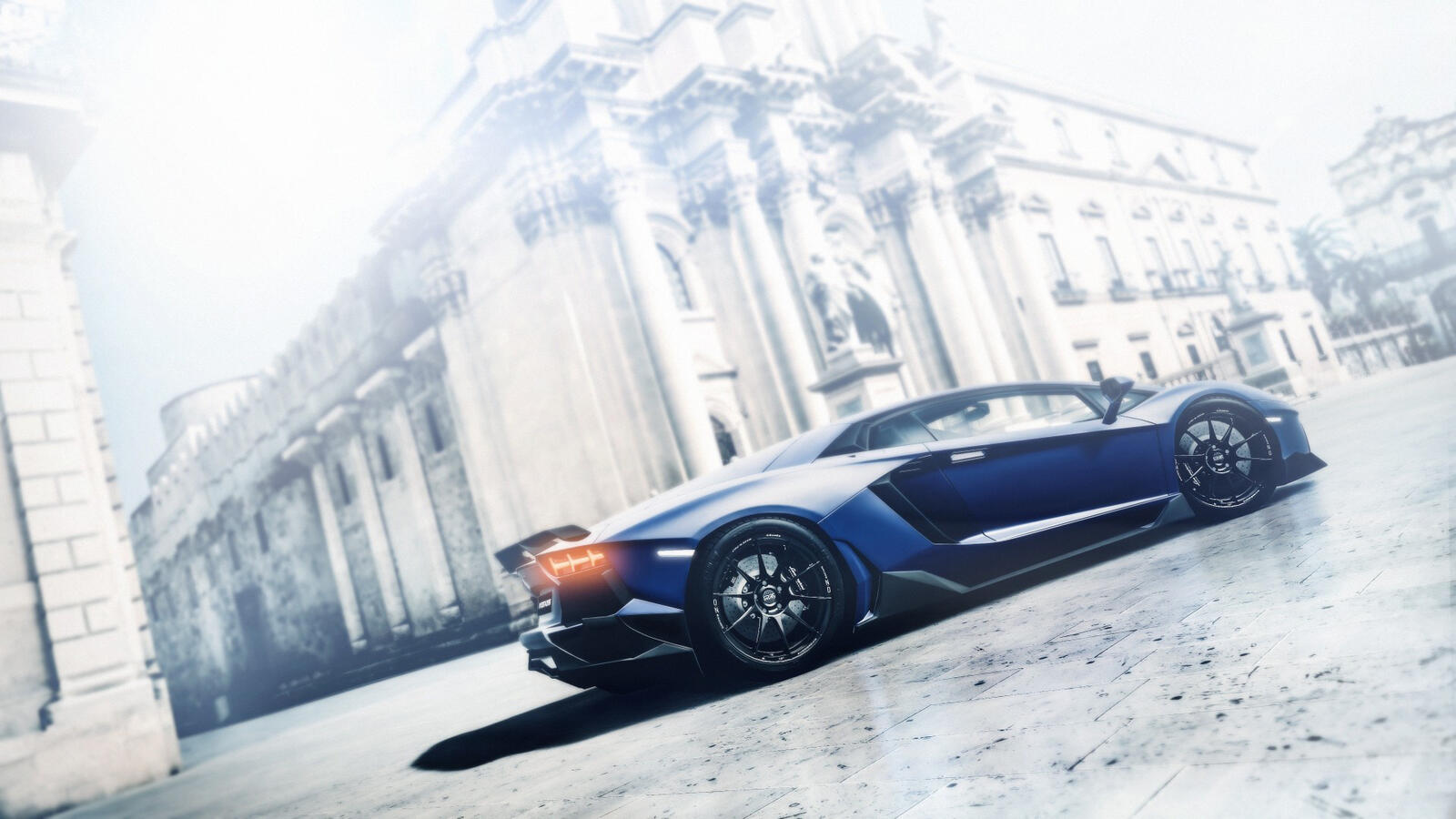 Обои Синяя Lamborghini Aventador суперкар антиквариатное здание на рабочий стол