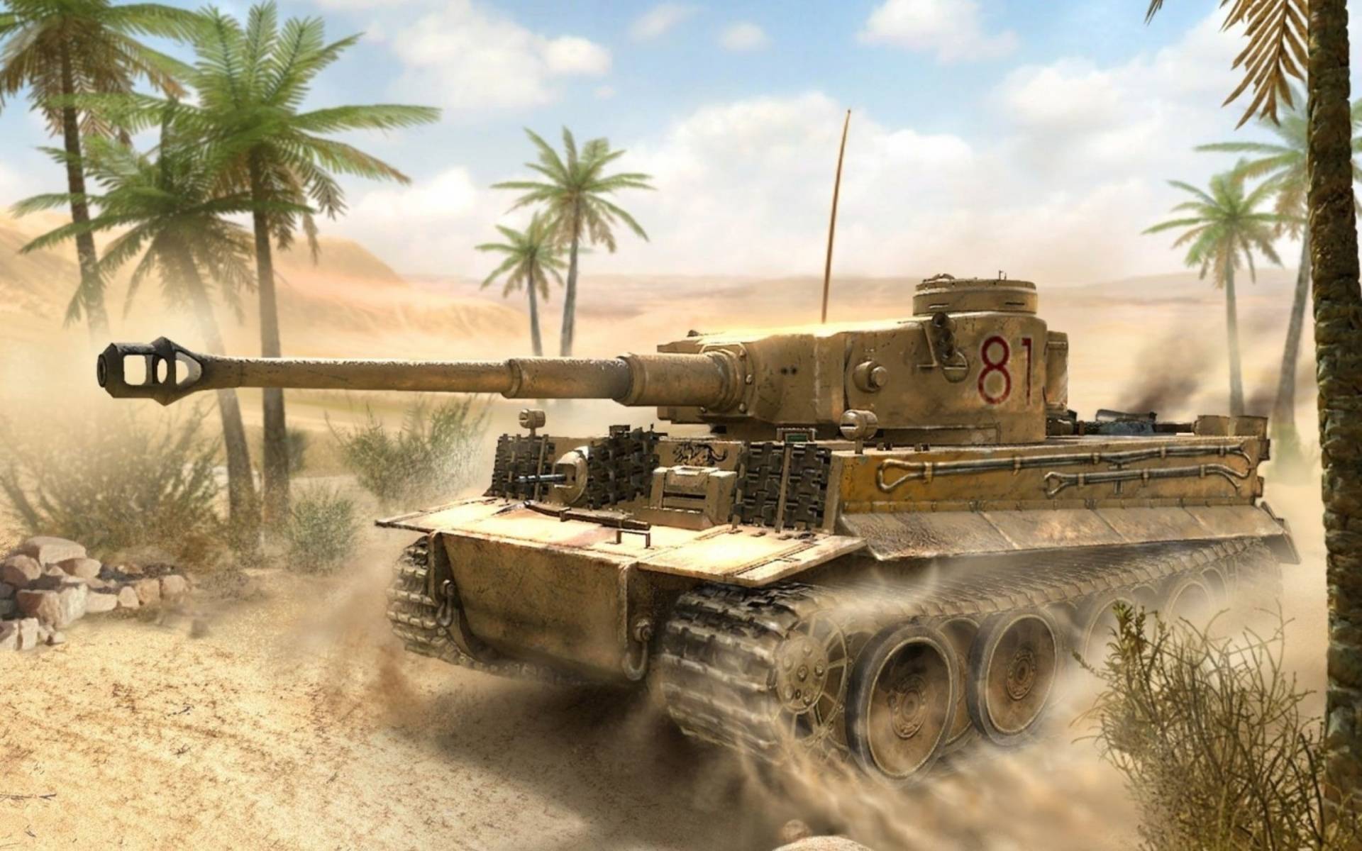 Обои танк Тигр пески пальмы на рабочий стол