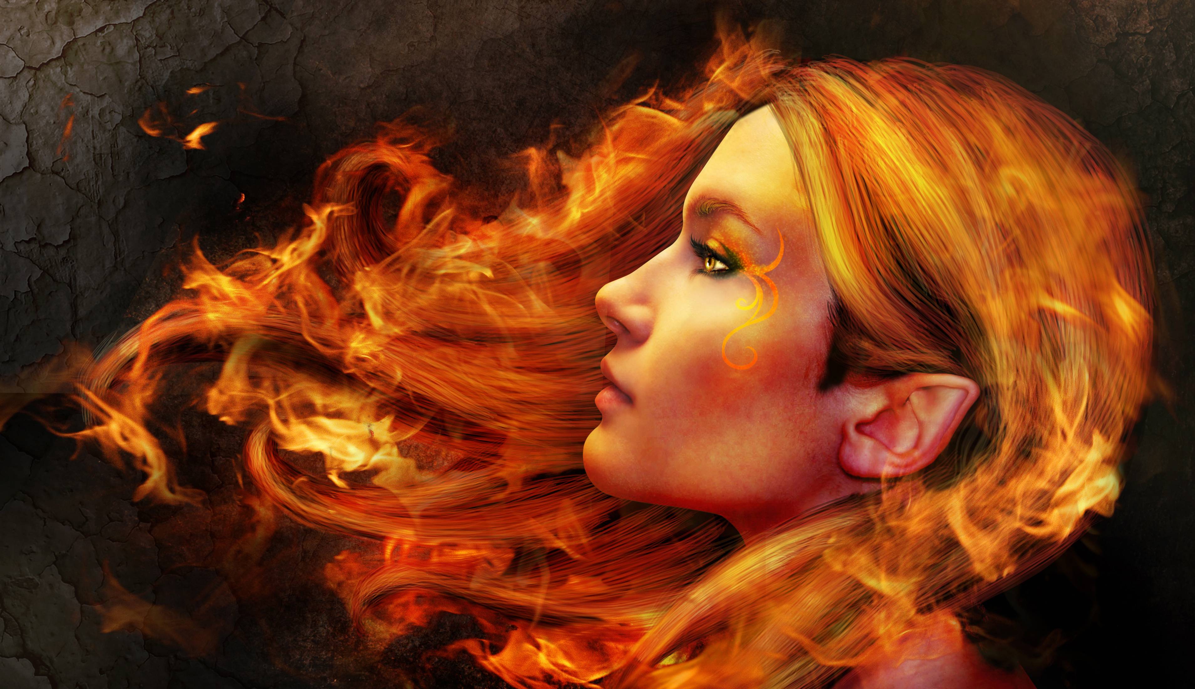 Фото бесплатно девушка, эльф, волосы в огне
