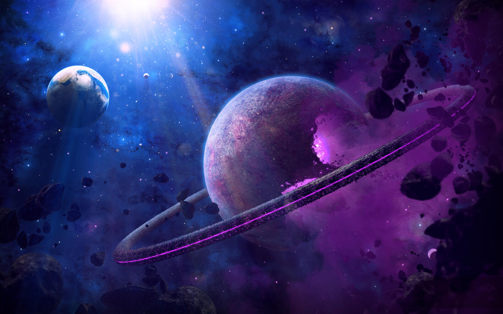 Обои фиолетовый звёзды планеты на рабочий стол