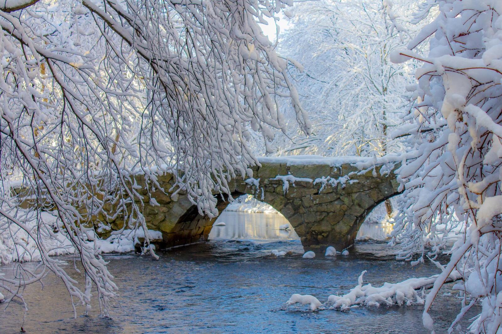 Обои зима река мост на рабочий стол