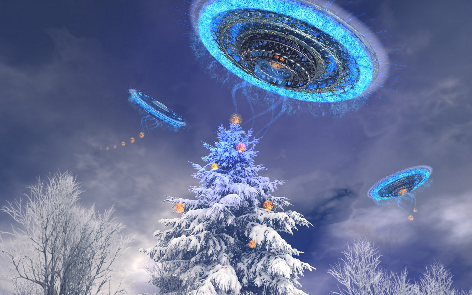 Wallpapers trees snow UFO on the desktop