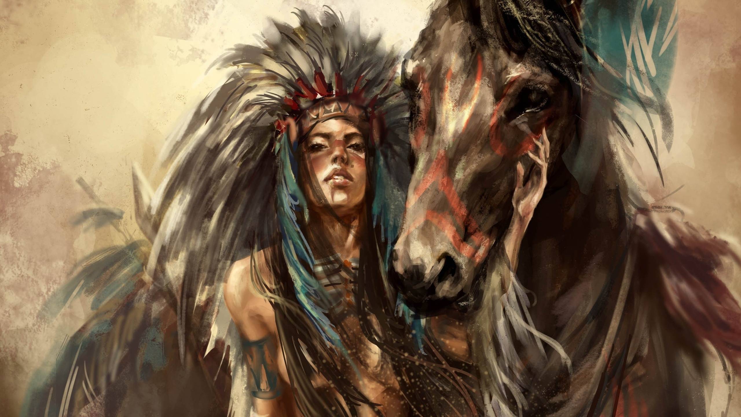 Wallpapers horse Indian feathers on the desktop