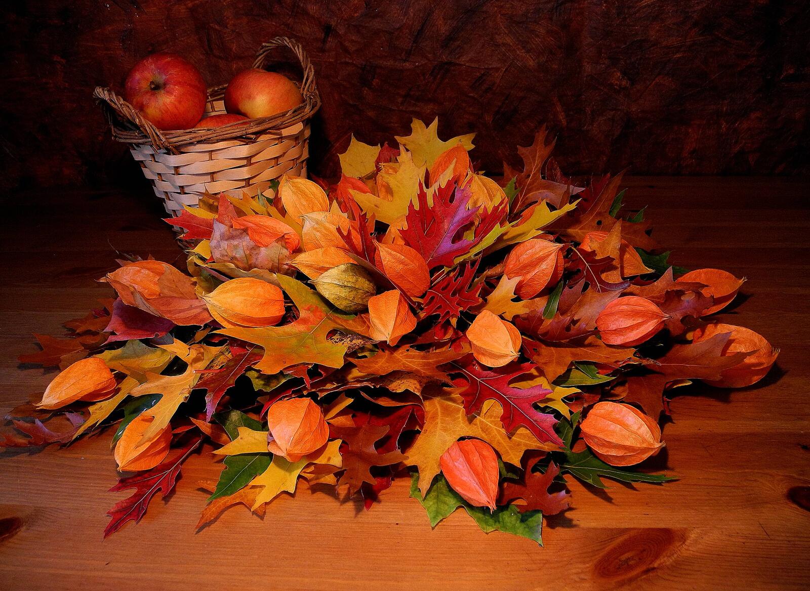 Обои корзина листья яблоки на рабочий стол