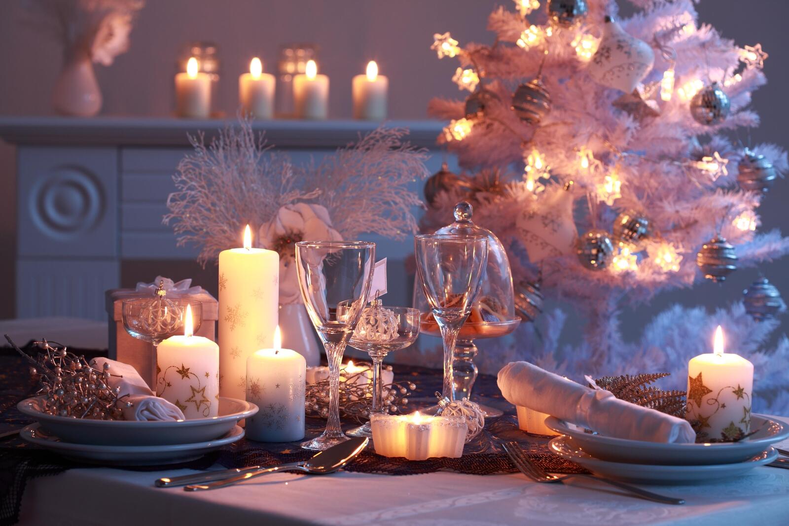 Wallpapers New Year s table candles glasses on the desktop