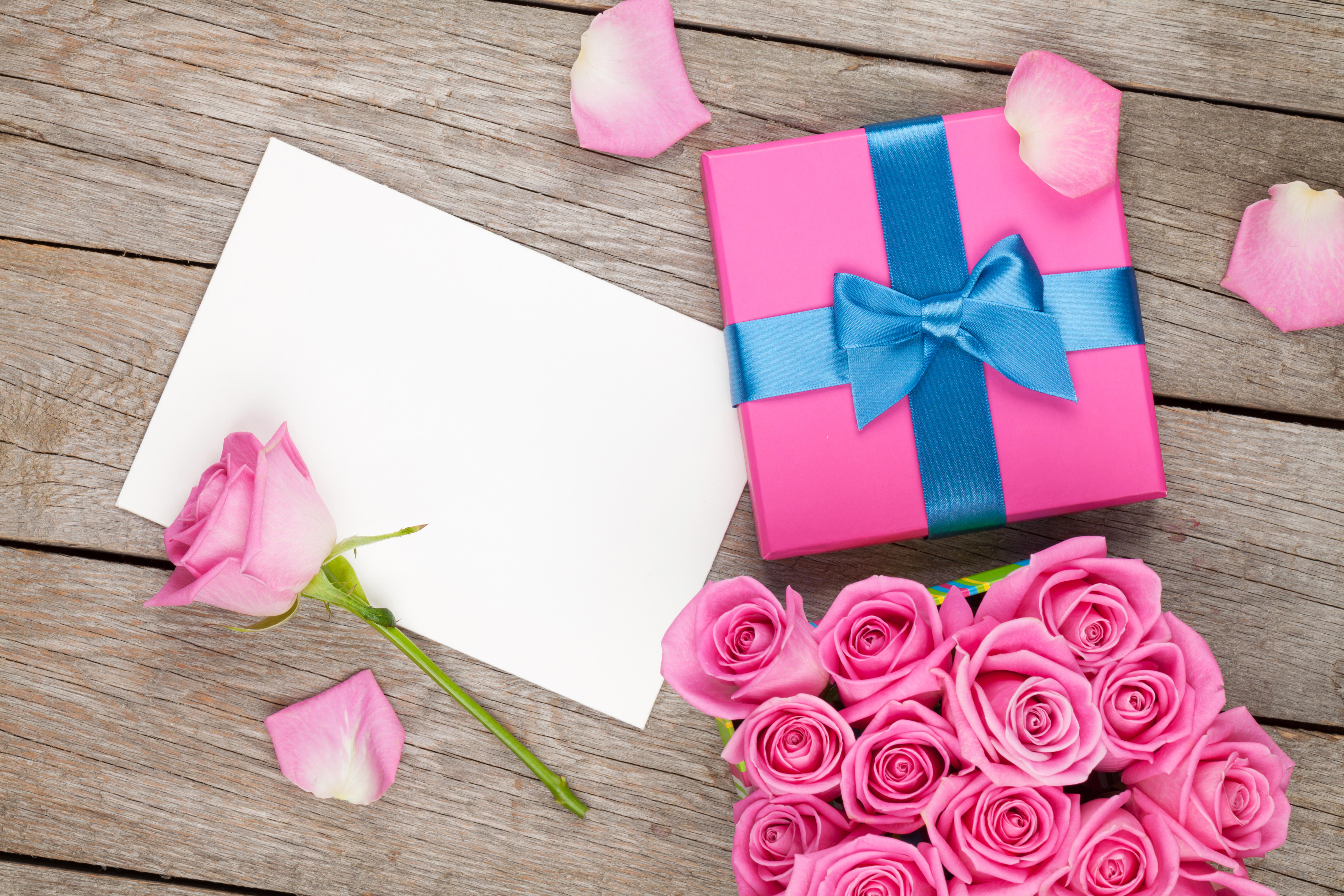 Free photo Pink roses with a gift for Valentine`s Day