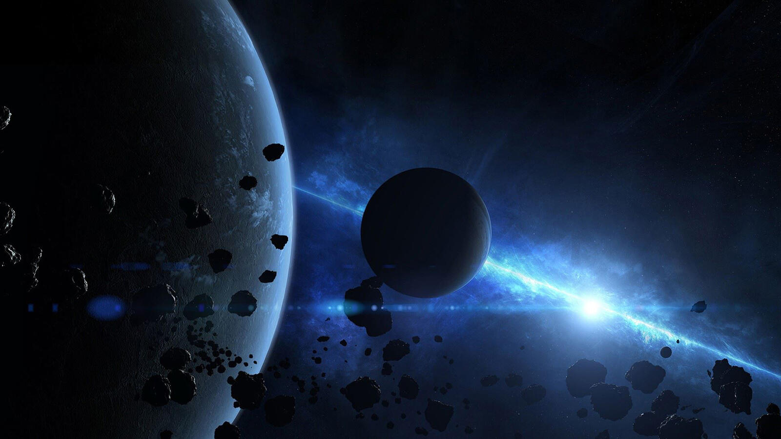 Wallpapers Planet and a small satellite meteorites a star on the desktop