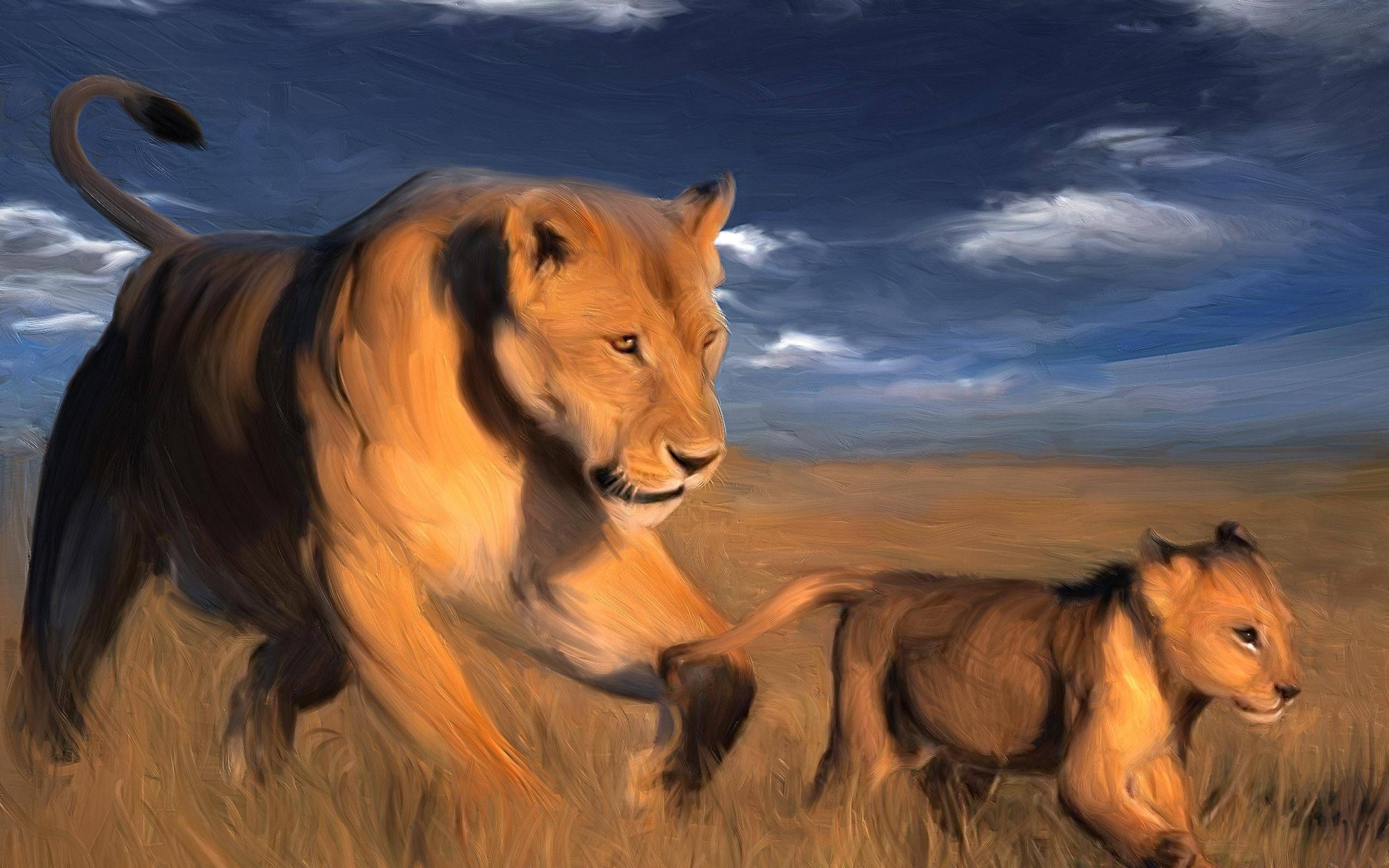 Wallpapers and the lioness family rendering on the desktop