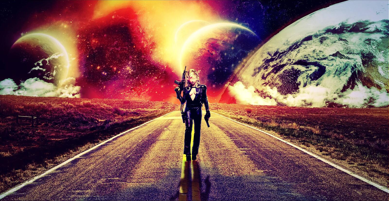 Wallpapers road girl planet on the desktop