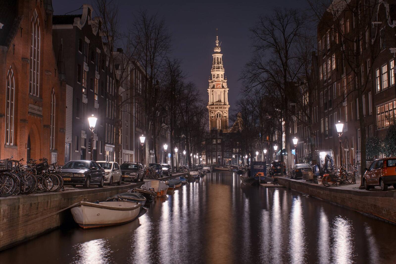 Обои дома у воды вечер Амстердам на рабочий стол