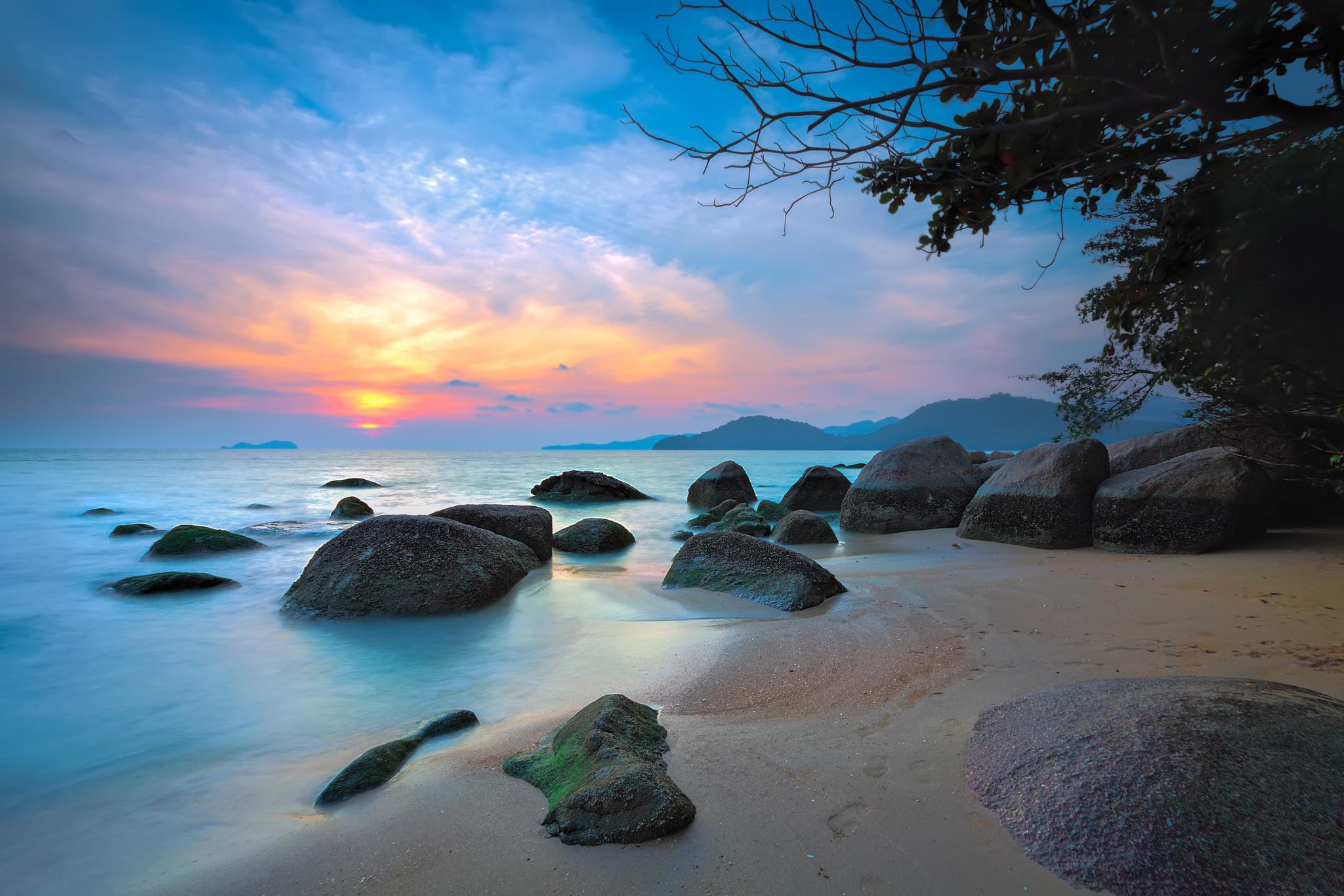 Фото бесплатно вид с берега, закат, камни