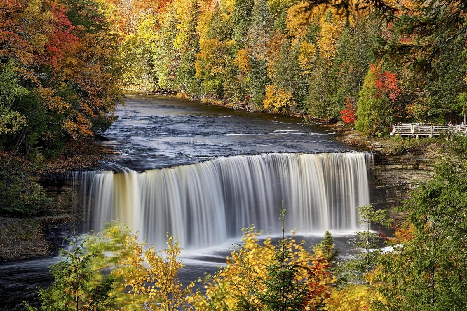 Wallpapers autumn leaves river waterfall in the forest on the desktop