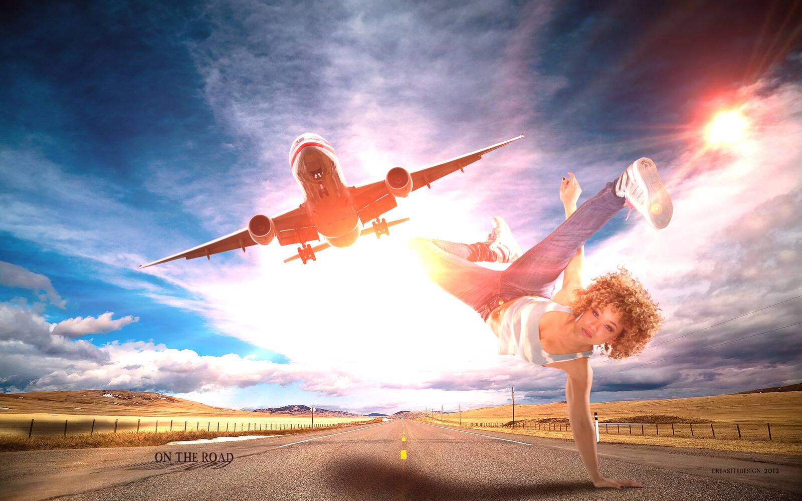 Wallpapers road airplane girl on the desktop
