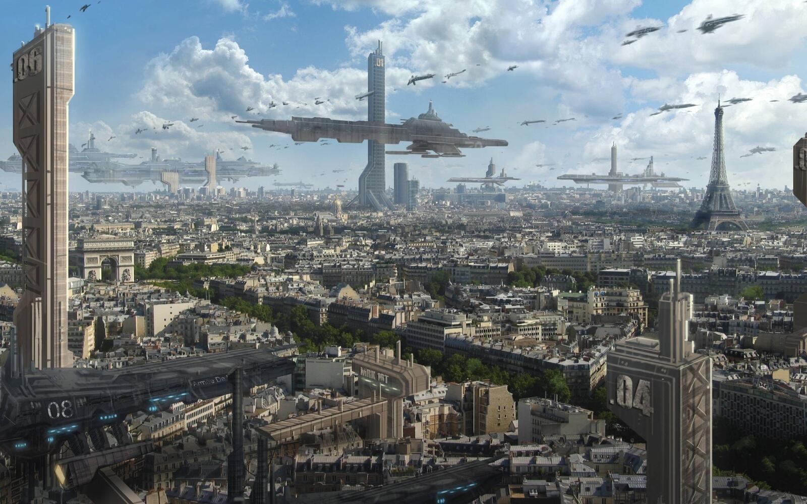 Обои город будущего Париж эйфелева башня на рабочий стол