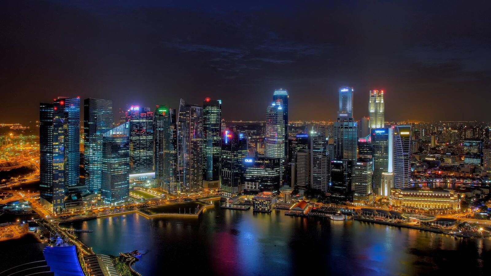Сингапур ночью. Ночной город 2048 x 1152. Фон рабочего стола Сингапур. 2 экран города