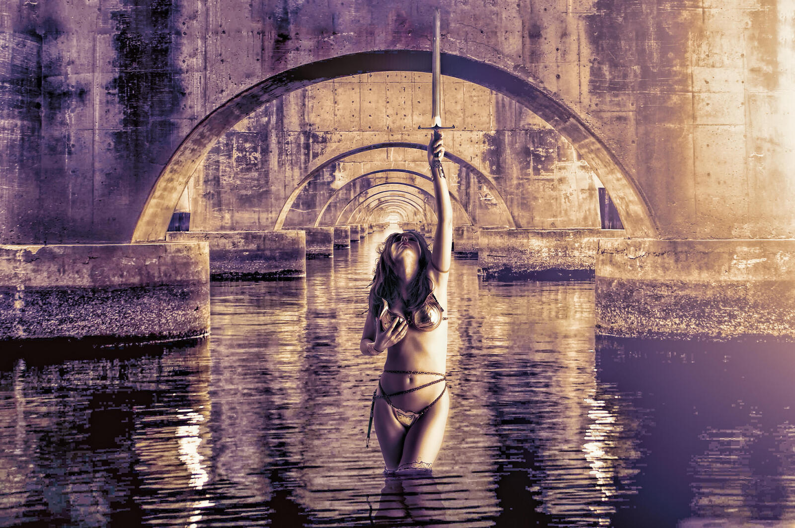 Wallpapers bridge pond the girl with the sword on the desktop