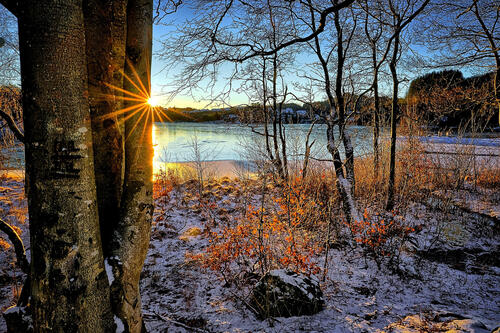 The first snow in the fall forest by the river at sunset