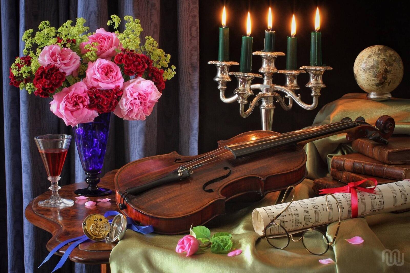 Обои скрипка розы цветы на рабочий стол