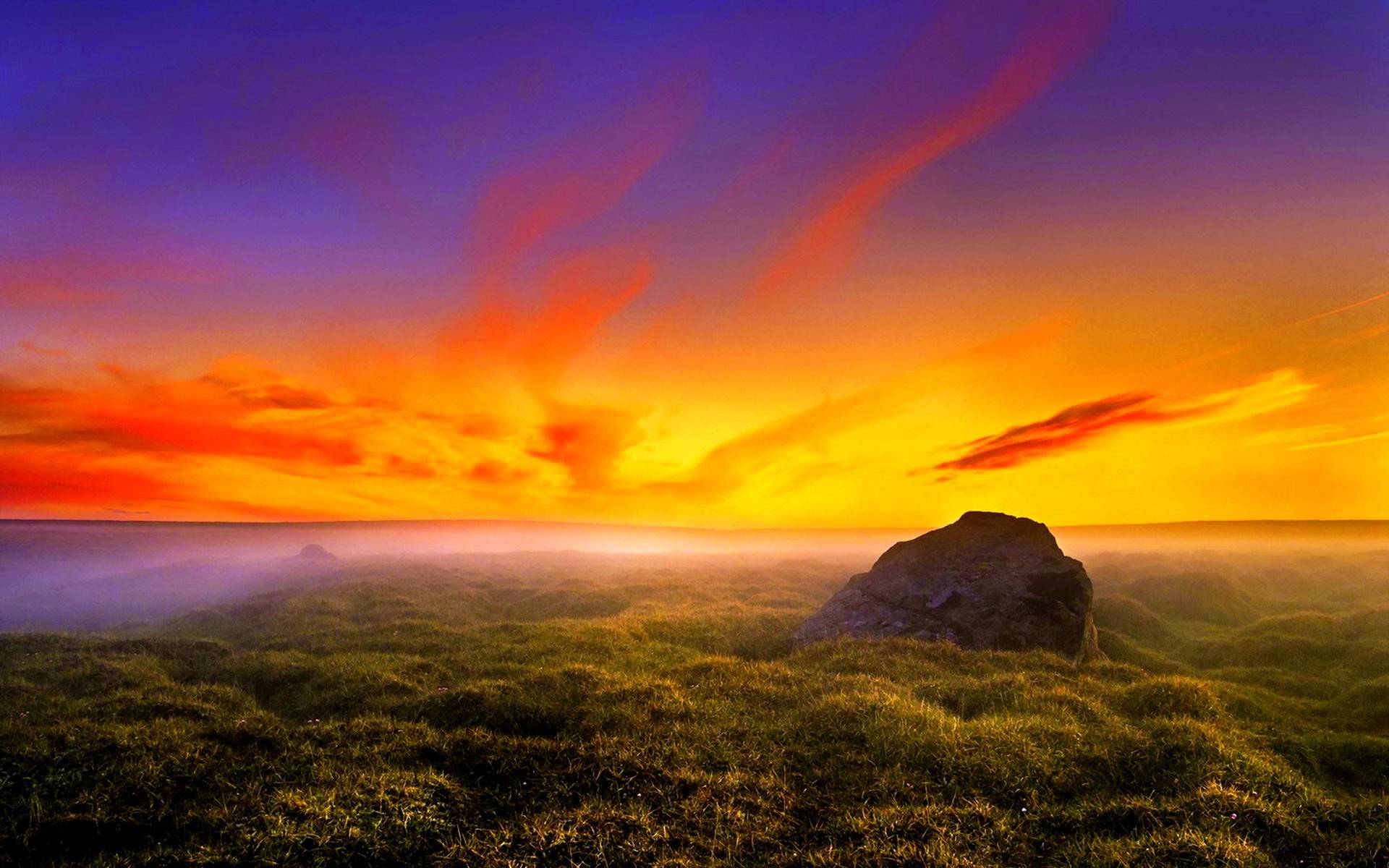 Wallpapers colorful sunset bright orange sky field on the desktop