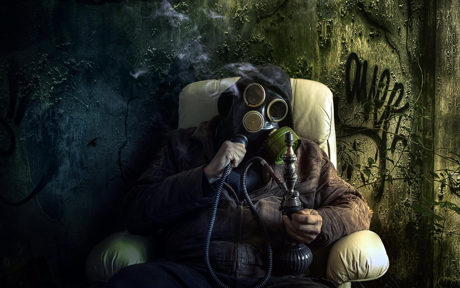 Wallpapers man armchair gas mask on the desktop