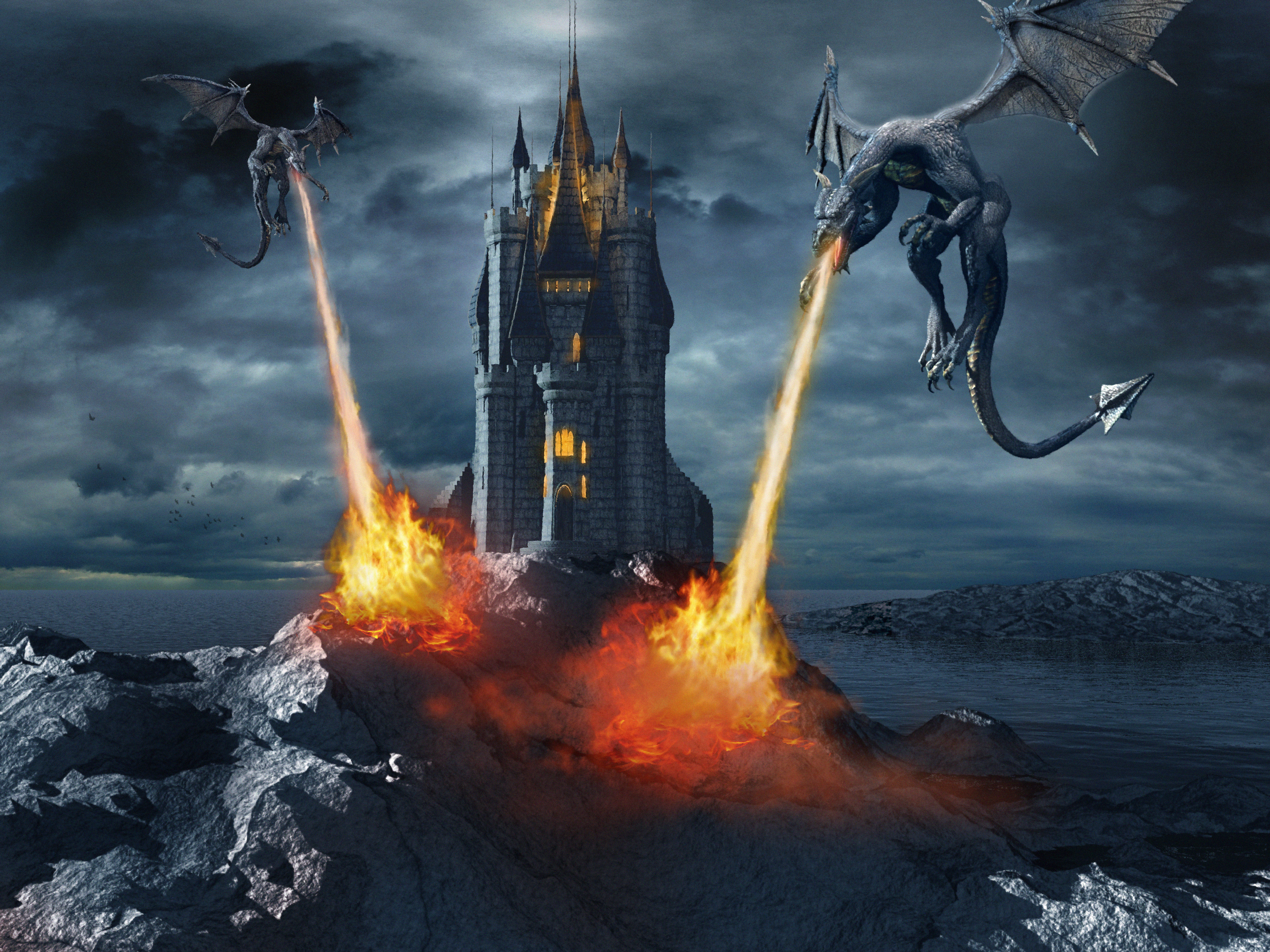 Wallpapers castle dragons flame on the desktop