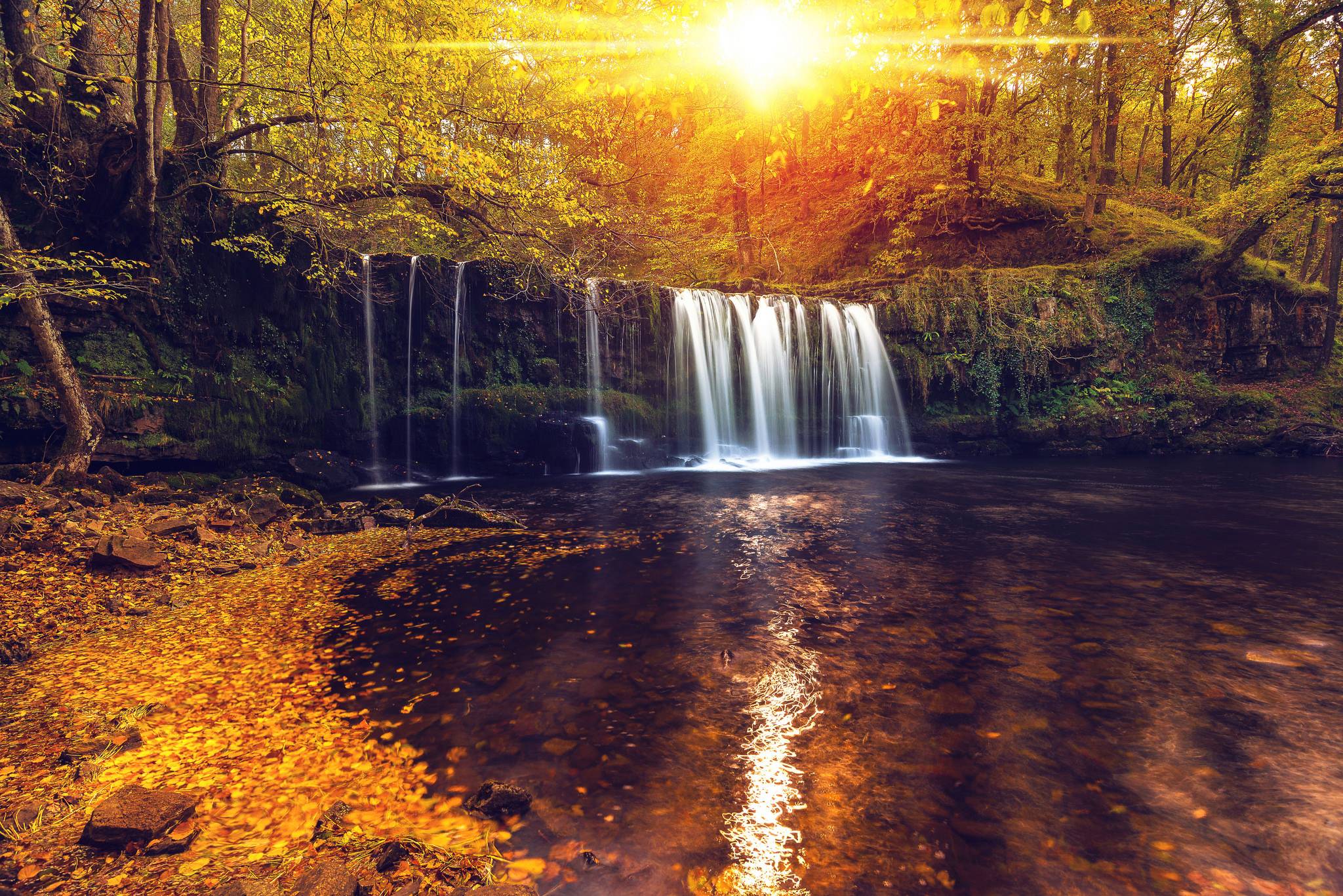 Водопад рассвет. Осенний водопад. Водопад на рассвете. Водопад в лесу. Водопад осень.