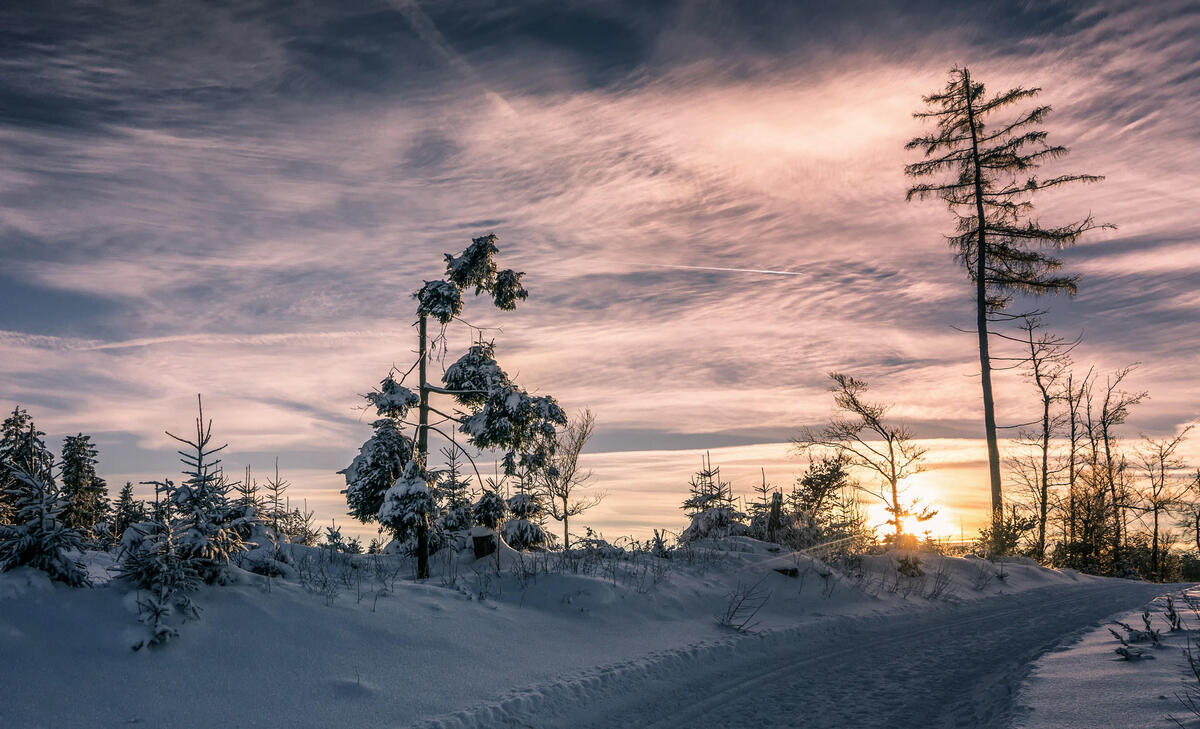 Зимняя автомобильная дорога среди сугробов на закате