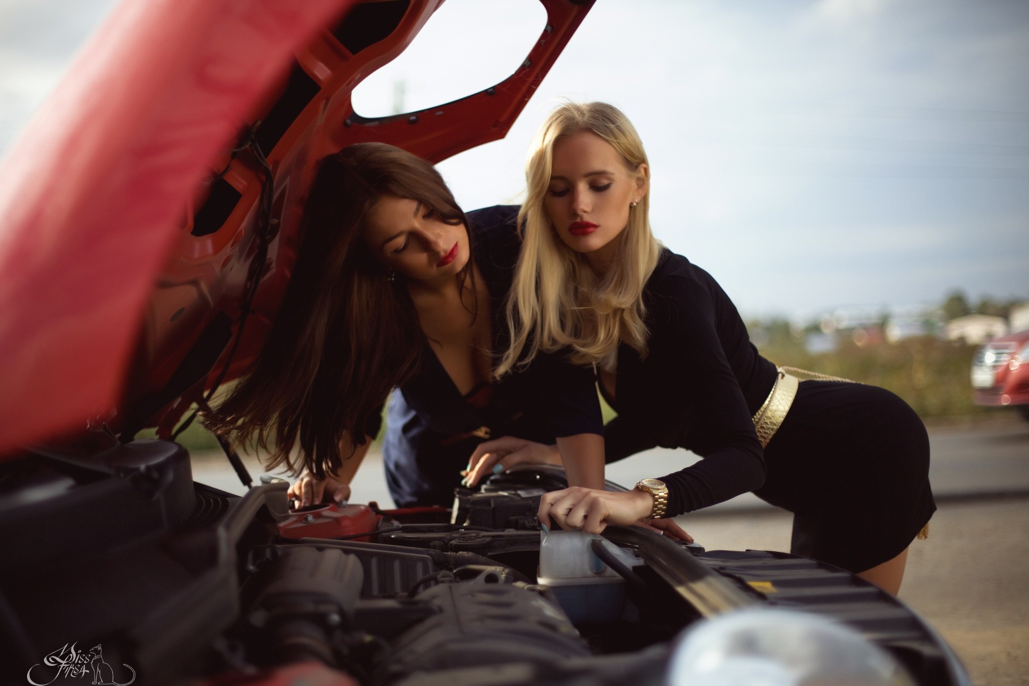 Обои девушки под капотом двигатель на рабочий стол
