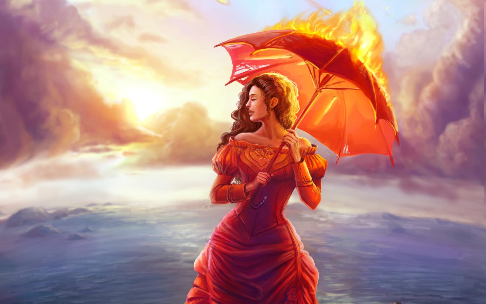 Wallpapers girl with a fire umbrella drawing rendering on the desktop