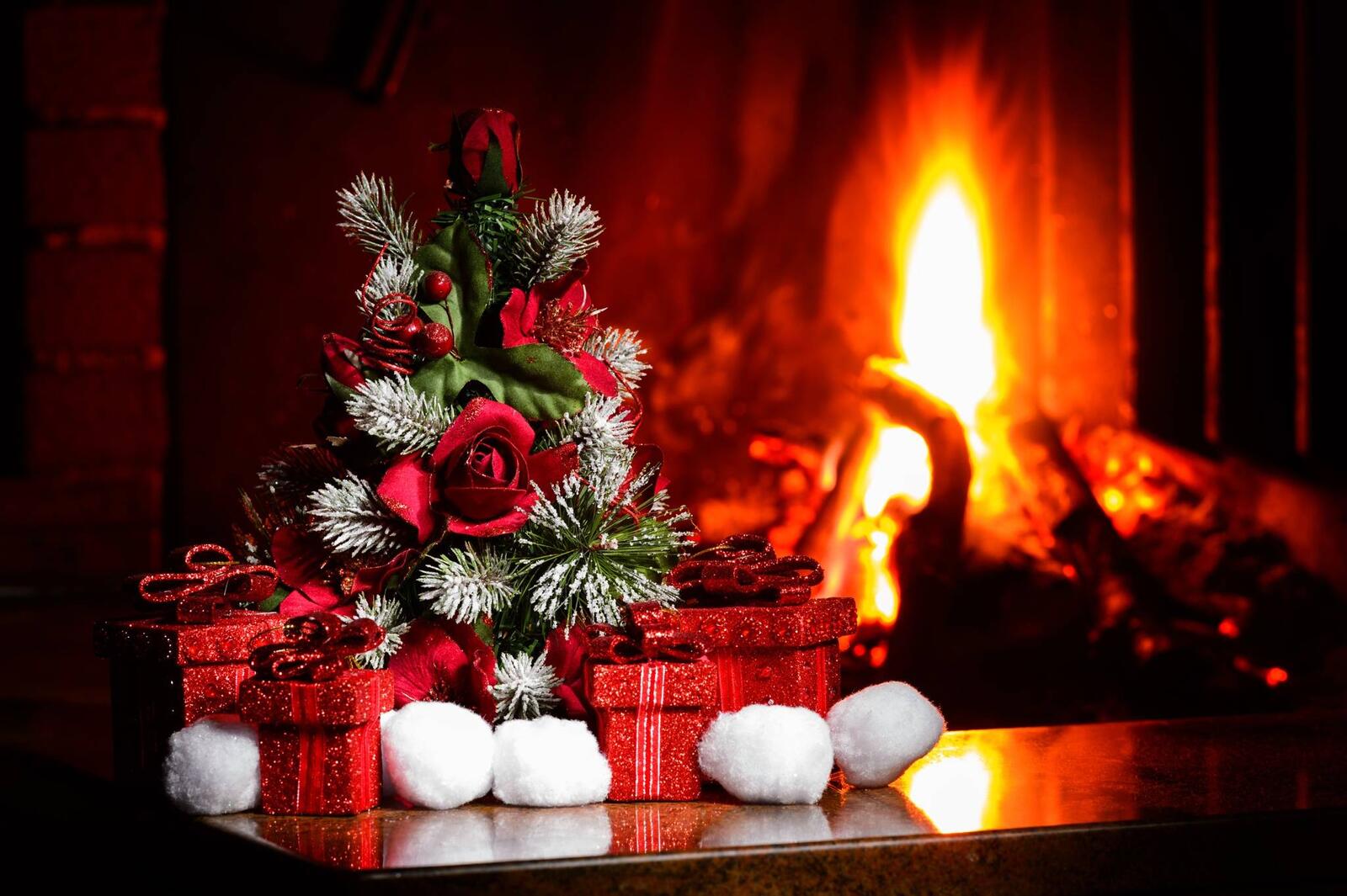 Wallpapers Christmas tree gifts fireplace on the desktop