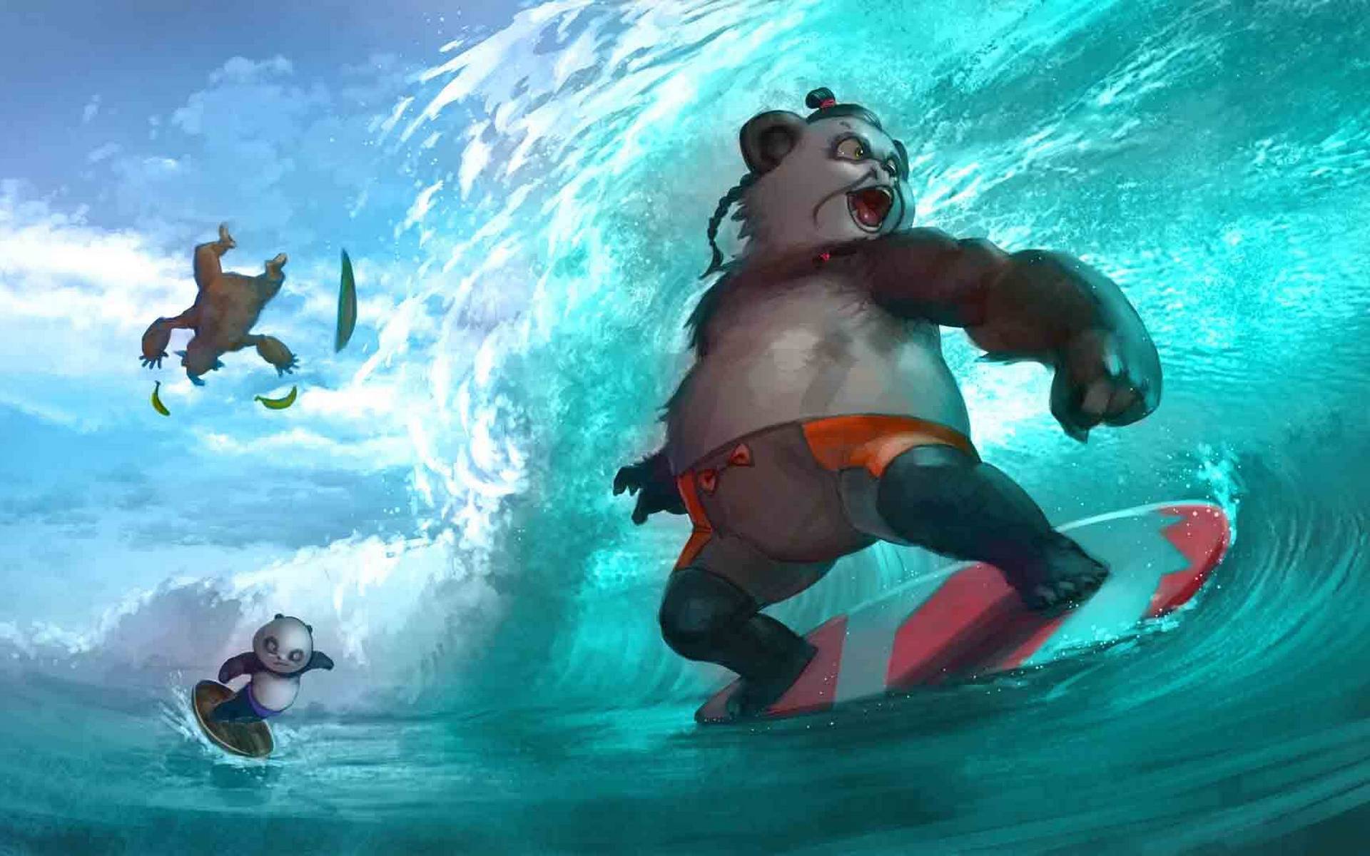Wallpapers panda surfing sea on the desktop